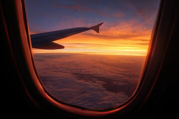 Airplane window view of a vibrant sunset over clouds (1)