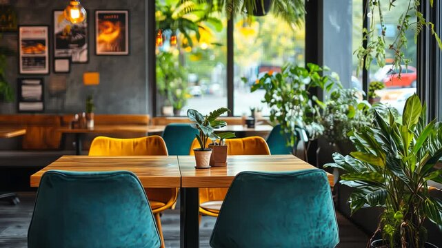 Cozy cafe interior with plants and city view. Use Restaurant advertising