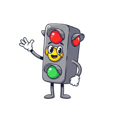 Friendly cartoon traffic signal waving hello with a smiling face and bright lights transparent background