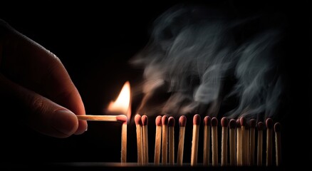A hand igniting a match, setting off a line of matches
