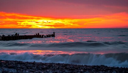 Dramatic sunset over a rocky beach