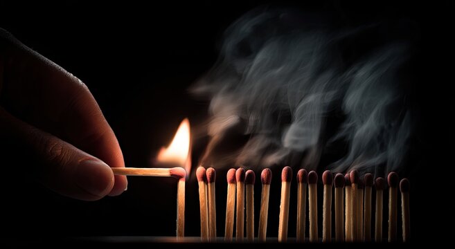 A hand igniting a match, setting off a line of matches