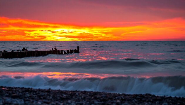 Dramatic sunset over a rocky beach