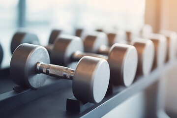 A collection of dumbbells of various weights lined up on a metal rack, with a soft background blur