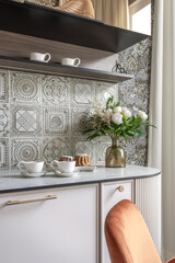 Vintage Kitchen Counter with Flowers and Coffee Setup