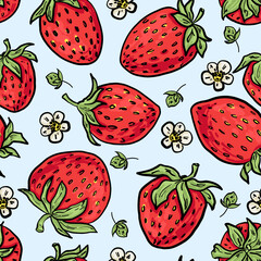 Juicy strawberries with flowers and leaves on a pale blue background. Repeating seamless pattern for fabric, packaging, and summer decor.