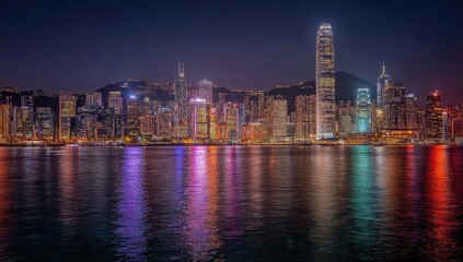 Obraz premium Night view of a bustling city skyline reflected on calm water