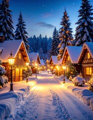 Snowy Christmas village at night