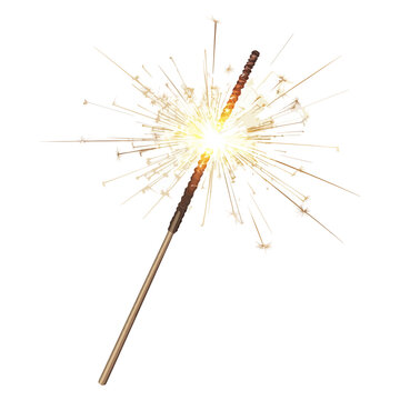 a single, brightly lit sparkler emitting radiant, golden sparks against a stark white background, creating a sense of celebration and light.