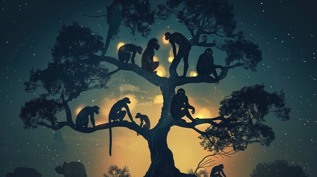 A translucent evolutionary tree with glowing nodes, tracing hominid species development.