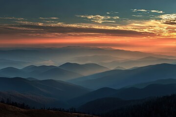 Scene Description:Sunrise over a vast, mist-shrouded mountain range, layers of peaks stretching to the horizon.