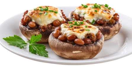 Three stuffed mushrooms on a white plate.  Creamy filling, topped with melted cheese and chives.  Dark brown mushroom caps, filled with a mixture of beans and spices. Fresh parsley garnish