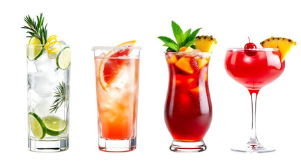 Assortment of cocktails with garnishes Isolated on transparent background