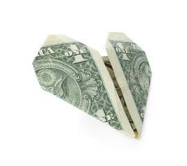 Heart made of dollar banknote isolated on white