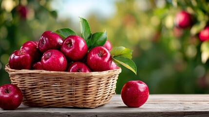 Basket full of red apples with green leaves on top. The basket is on a wooden table