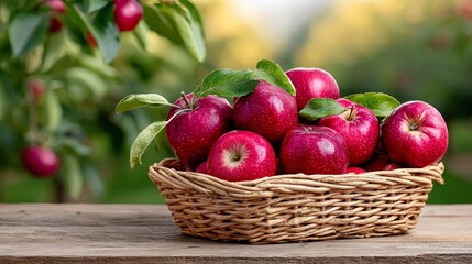 Basket of red apples sits on a wooden table. The apples are ripe and ready to be eaten. The basket is filled with apples of various sizes and colors, creating a vibrant and inviting display