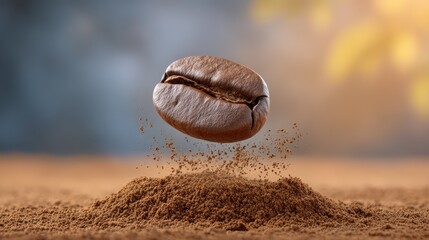 Coffee powder and coffee beans representing the process of coffee production and processing. An image for coffee beverage advertising.