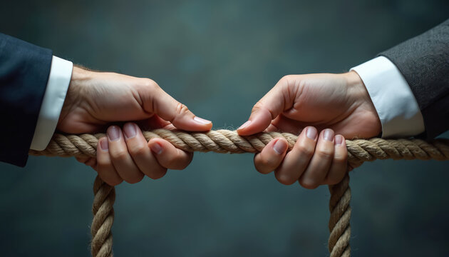 Two business people in suits pull hard on thick rope, intense conflict, disagreement. Determined grip shows struggle, challenge of overcoming business problems difficult negotiation.