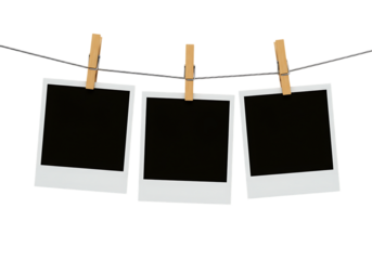 Instant photos on a string with clothespins, black picture frames, Isolated on transparent background.

