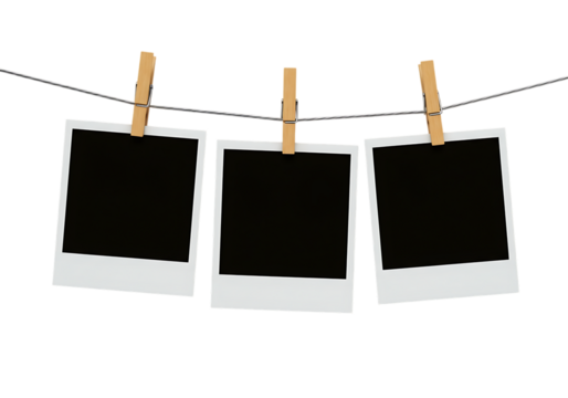Instant photos on a string with clothespins, black picture frames, Isolated on transparent background.

