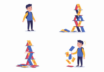 A young boy experiences the disappointment of a collapsing house of cards, symbolizing fragility, effort, and the risk of failure.