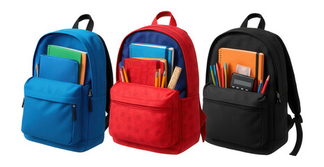 Fototapeta premium Three assorted backpacks filled with school supplies.