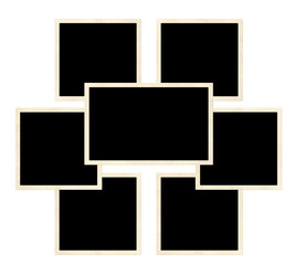 Template collage with seven retro frame photos. Moodboard pictures album grid for scrapbooking. Vintage style mood board layout. Isolated on white background. Copy space for your text and photo