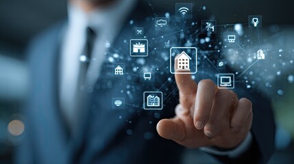 Businessman interacting with a digital network of interconnected icons, likely related to real estate or property management