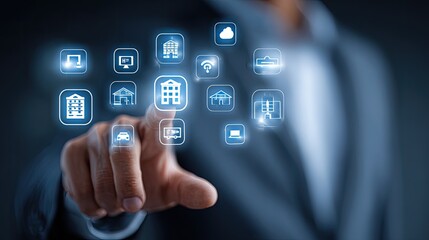 A hand interacting with a holographic display of smart home icons