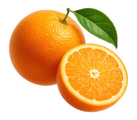 Whole orange and sliced orange with leaf.