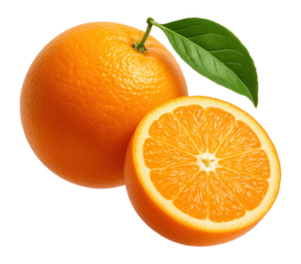 Whole orange and sliced orange with leaf.