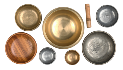 Different materials. Golden brass bowl, Wooden bowl and an silver bowl on isolated transparent background. Realistic 3d vector dishware with smooth surface. 