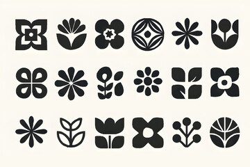Fototapeta premium Geometric floral icon set – decorative flowers, leaves, abstract blooms, modern botanical symbols