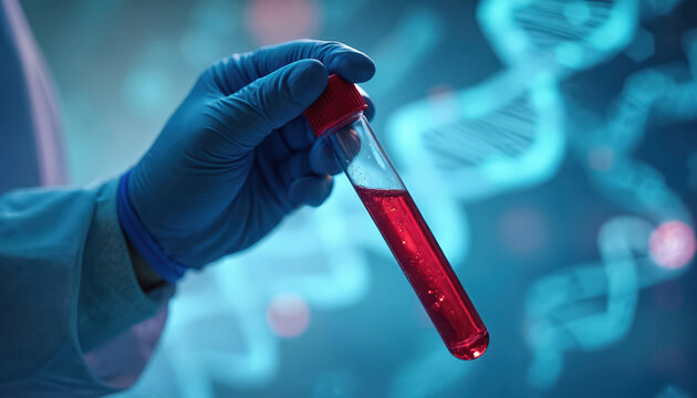 Scientist in blue gloves holds test tube with red liquid. DNA structure background suggests genetic research medical diagnostics. Focus on biotechnology, scientific experiment process in laboratory.