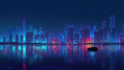 A vibrant cityscape at night, reflected in calm water