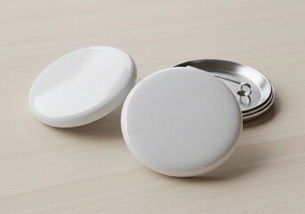 Blank White Round Badges on Light Wood Surface