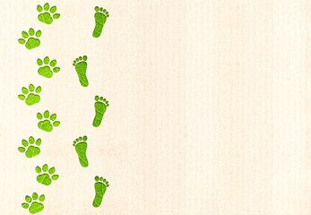 Let's save wildlife together. Banner with eco paper texture, animal paws print and human footprint in paper cut style and green leaf. Zero waste, responsible consumption, reuse, eco-friendly concept