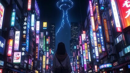 A stylized illustration of a vibrant Asian city at night, with a glowing UFO-like object overhead and a person walking down the street