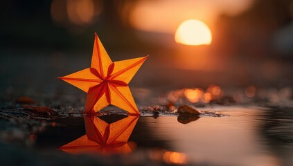 Origami star in a puddle at sunset