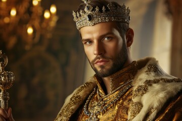 Young king with gold royal crown
