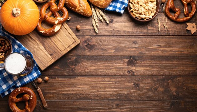 Autumn harvest feast warm pretzels pumpkin and snacks on rustic wooden table cozy kitchen setting food photography