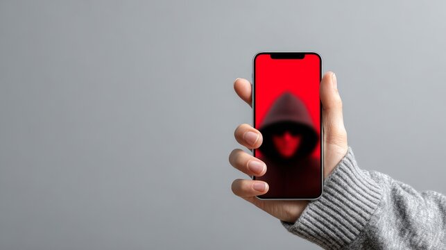 hand shows smartphone with phone scammer on the screen on light grey background
