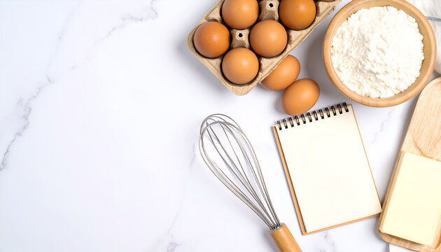Overhead shot of baking ingredients on a white marble surface, featuring eggs, flour, a whisk, and a recipe book. - Powered by Adobe