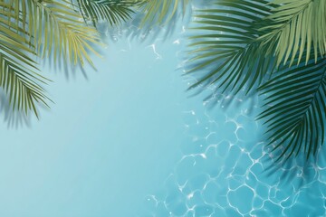 Overhead view of tropical leaves over a light blue surface