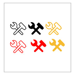 Obraz premium A collection of six stylized icons featuring a crossed wrench and hammer, presented in black, red, yellow, and pink.