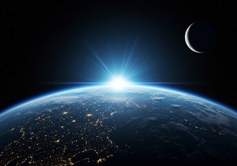 Fototapeta premium Earthrise Sunrise: Crescent Moon and City Lights