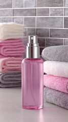 Pink spray bottle, towels, bathroom