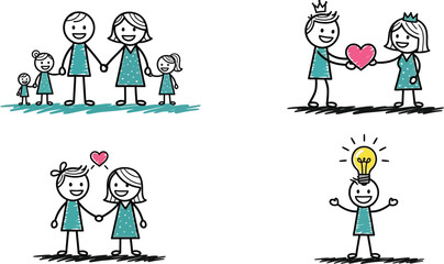 Naklejka premium Stick figure family love idea drawing vector illustration