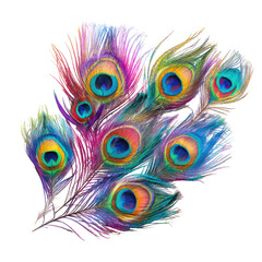 Obraz premium Colorful peacock feathers arranged, studio shot, black background, decorative use