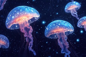 Fototapeta premium Glowing neon Jellyfish Underwater. Jellyfish Texture. Close-Up of Jellyfish. Bioluminescent Jellyfish. Jellyfish Tentacles. Pattern of Jellyfish. Detailed Jellyfish Texture. Natural Ocean Creatures.